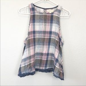 Cloth & Stone Linen Plaid Fringe Tank Top